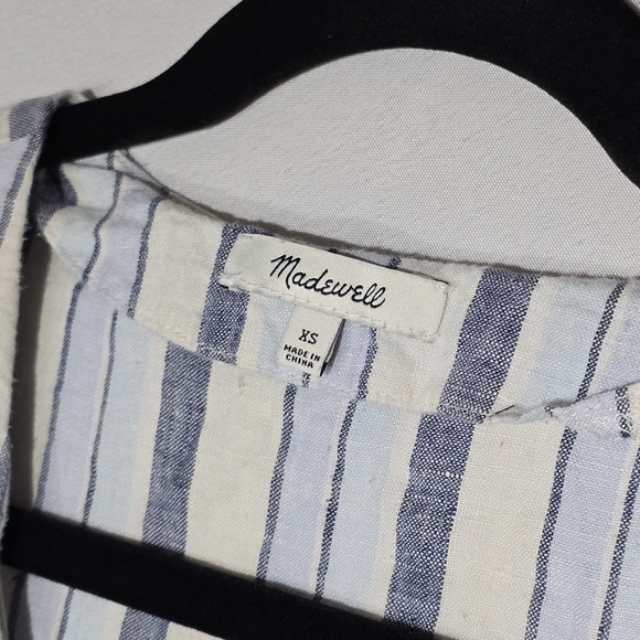 Madewell Women's XS Linen Shift Dress Blue White Stripe V-Neck Side Buttons - Picture 2 of 7